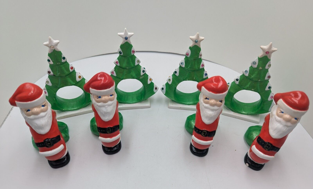 Set of 8 Christmas Tree & Santa Claus Hand Painted Napkin Rings Holders READ