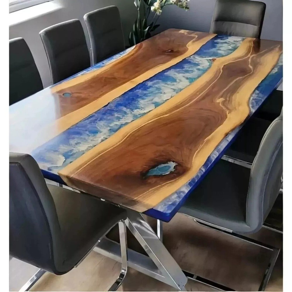 60-Inch Blue Epoxy Resin Dining Table with Acacia Wood Base-image