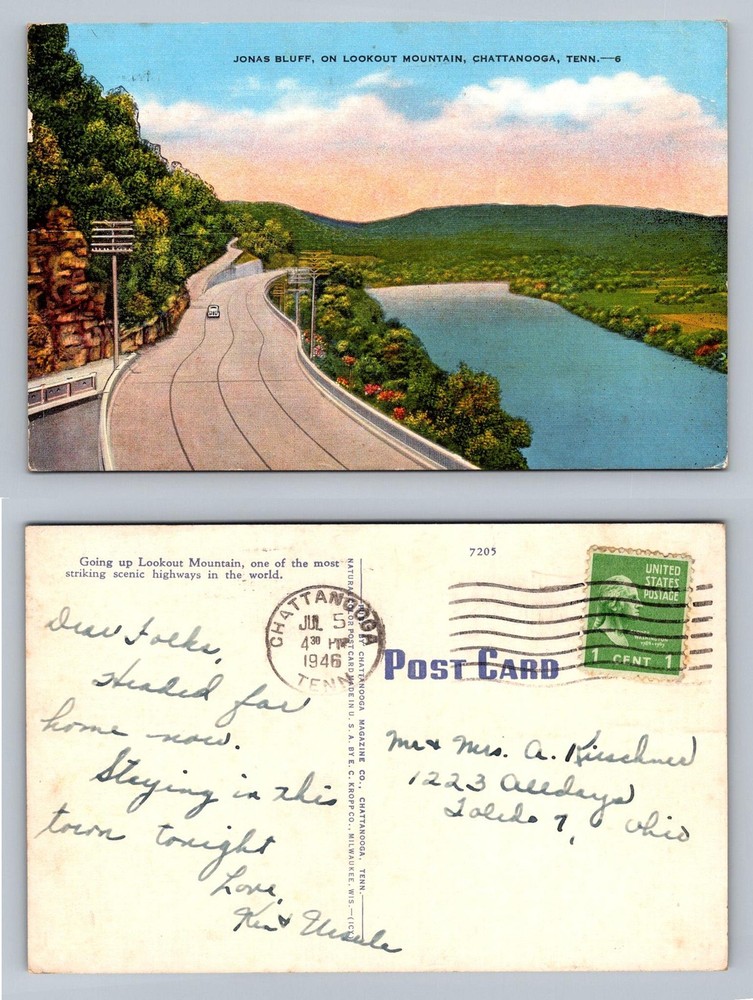 Chattanooga, TN-Tennessee, Jonas Bluff Lookout Hwy Vintage c1946 Postcard