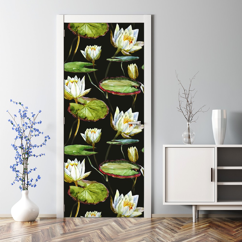 Lotus Bubble Free Door Sticker Green White Decal Photo Home Decor