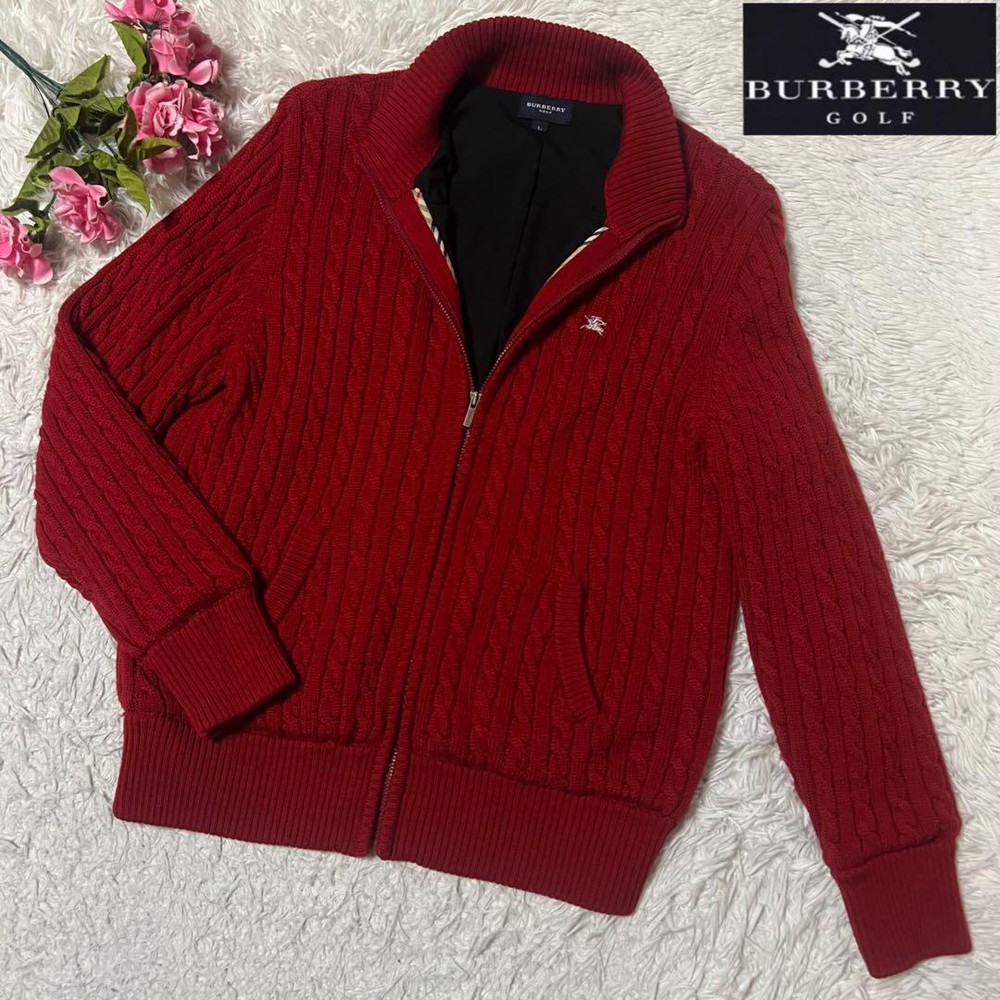 Burberry Golf Zip Up Knit Sweater Red Cable Knit Size 3 L 100% Wool