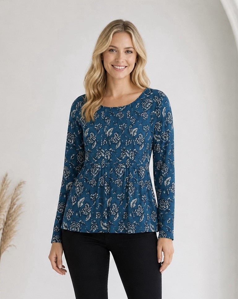 Banana Republic Womens Floral Long Sleeve Top Size XL Pleated Jersey Stretch