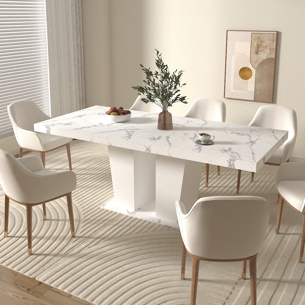 Modern White Faux Marble Extendable Dining Table for Rectangle Kitchen