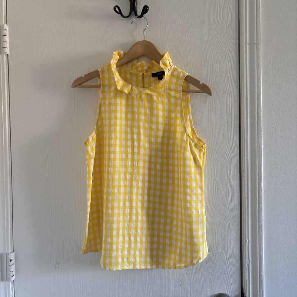 J.Crew Yellow Gingham Sleeveless Ruffle Neck Top Women’s Size Small