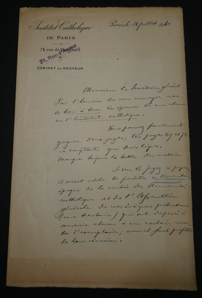 Alfred BAUDRILLART - SIGNED AUTOGRAPH LETTER addressed to the Secretary General