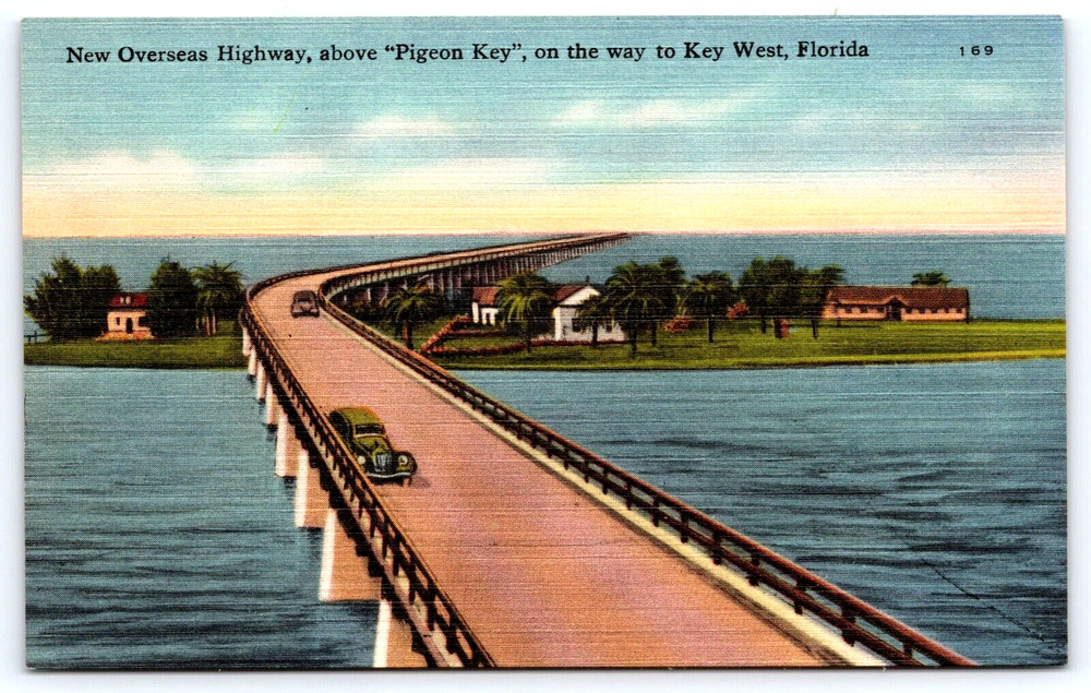 Vintage Linen Postcard Pigeon Key Florida Overseas Highway To Key West Car 1940s
