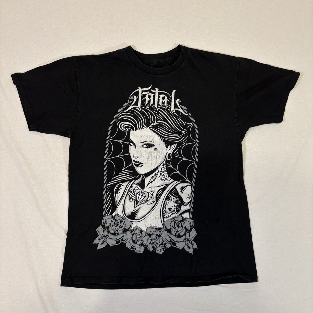 Fatal Clothing Tattoo Girl Art Tee Black & White Graphic T-shirt Skull Size L