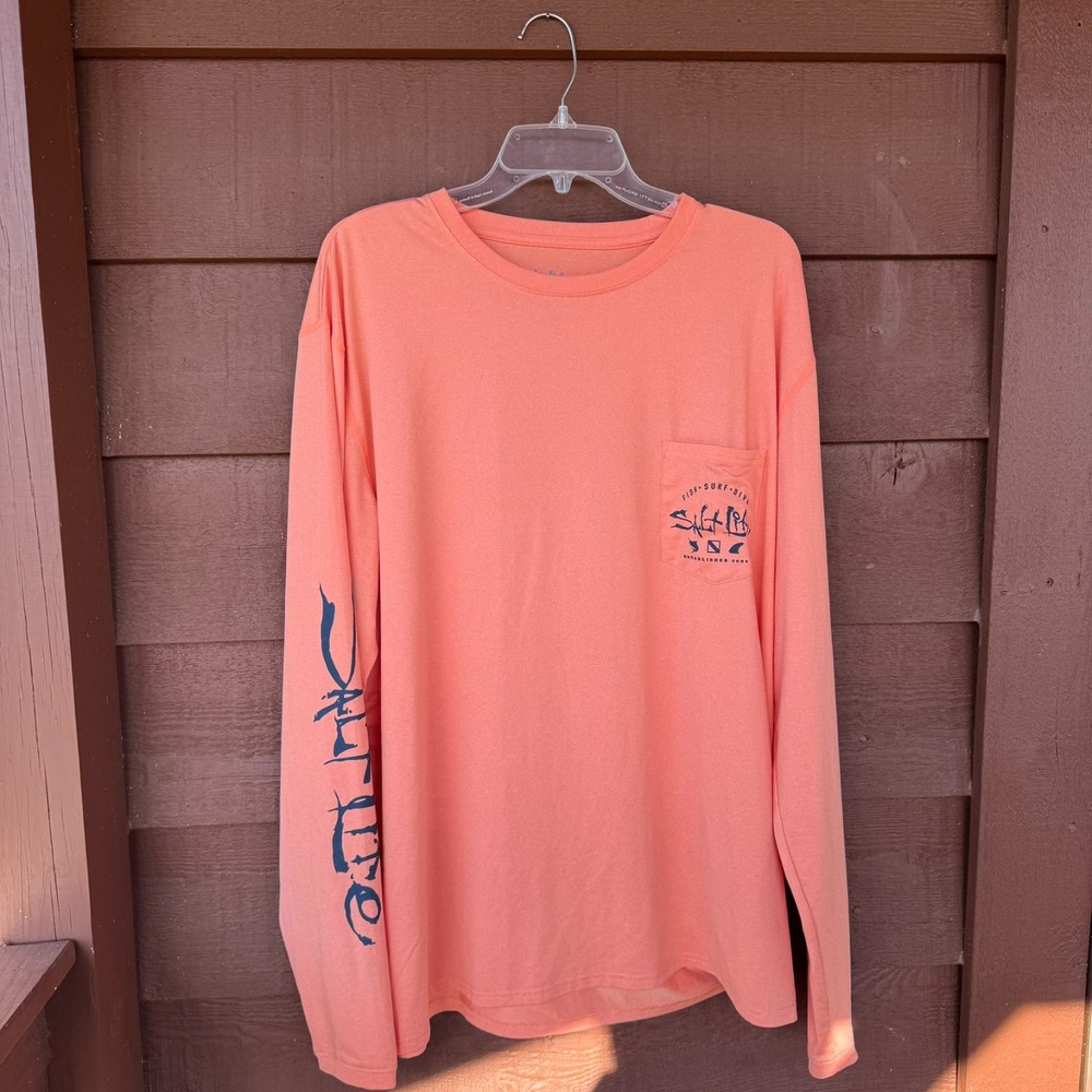Salt Life SLX Performance Long Sleeve Shirt Orange Fish Surf Dive XL