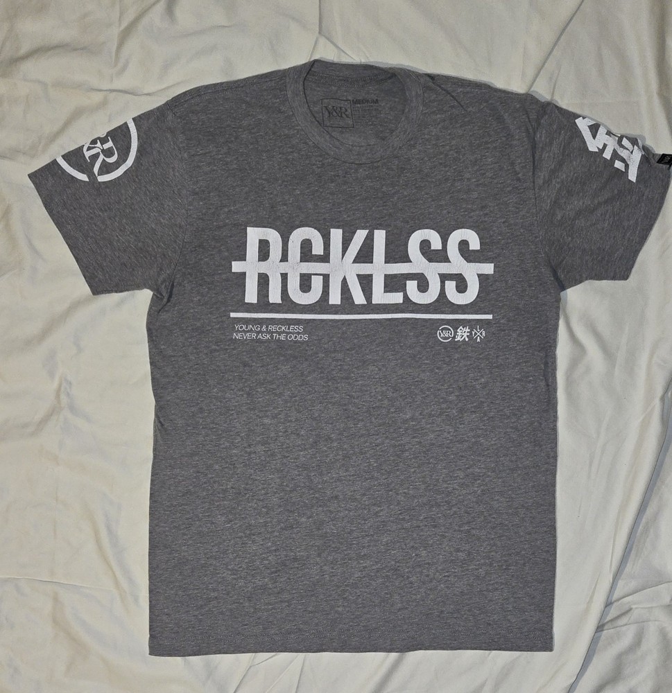RCKLSS Gray Young & Reckless T-Shirt. Size Medium Sleeve Print. Back Font Asian