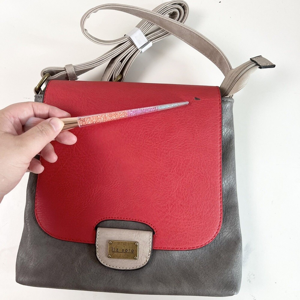 Liz Soto Amy Cross Body Handbag Vegan Leather Color Block Gray Red Zip