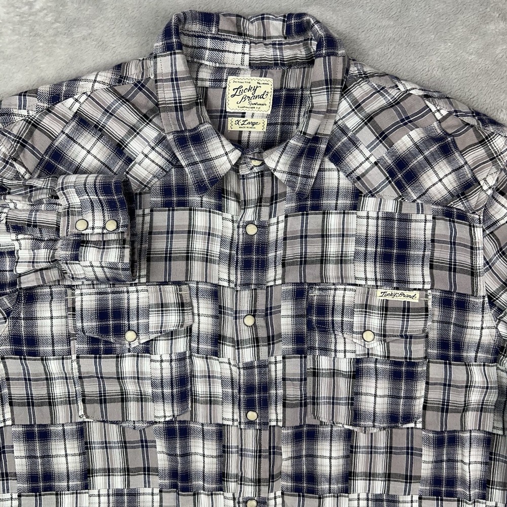 LUCKY BRAND Pearl Snap Shirt Mens XL Long Sleeve Quilt Patchwork Blue Gray Plaid