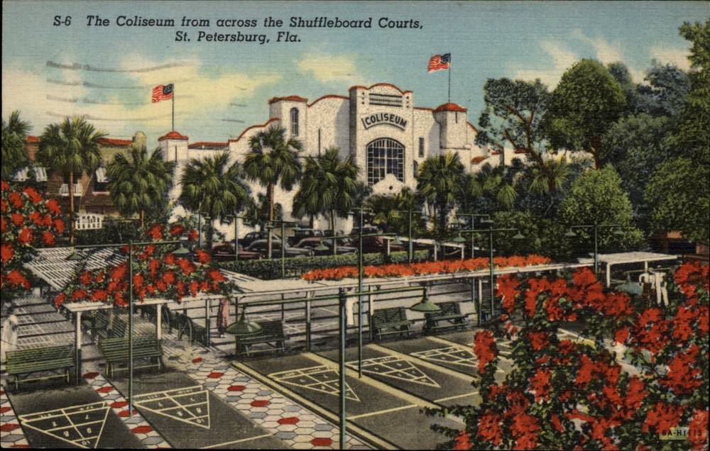 St Petersburg Florida ~ Coliseum ~ Shuffleboard Courts ~ postcard mailed 1949