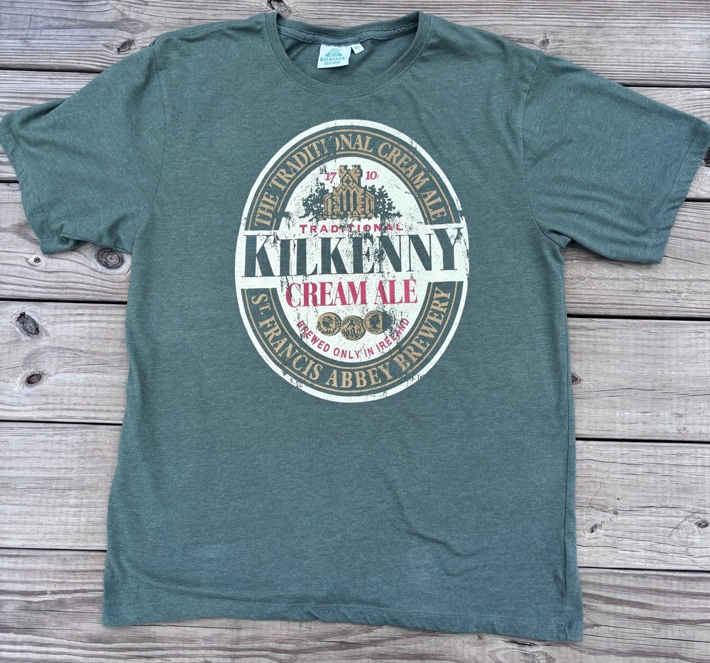 Kilkenny Irish Beer Shirt Mens XL Green Cream Ale Graphic Tee St Francis Abbey