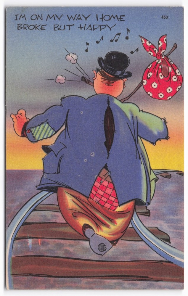 Broke But Happy Hobo Cartoon Linen Postcard Tichnor Bros. Railroad Track Bindle