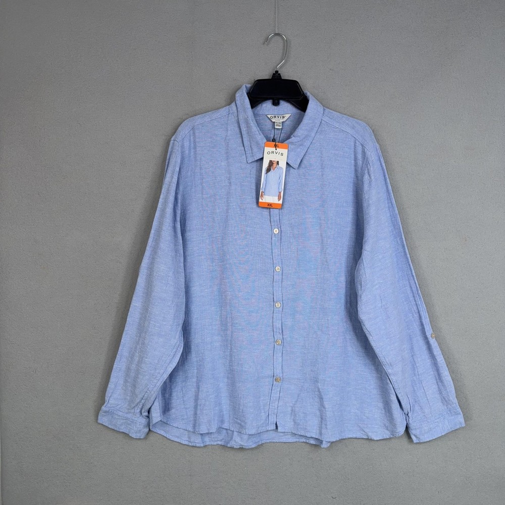 Orvis Shirt Womens XXL Blue Linen Blend Button Front Long Sleeve Lightweight NWT