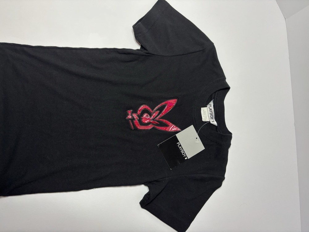 Playboy women’s Black Cotton Knit Crew Neck Graphic Logo T-Shirt Red S/M