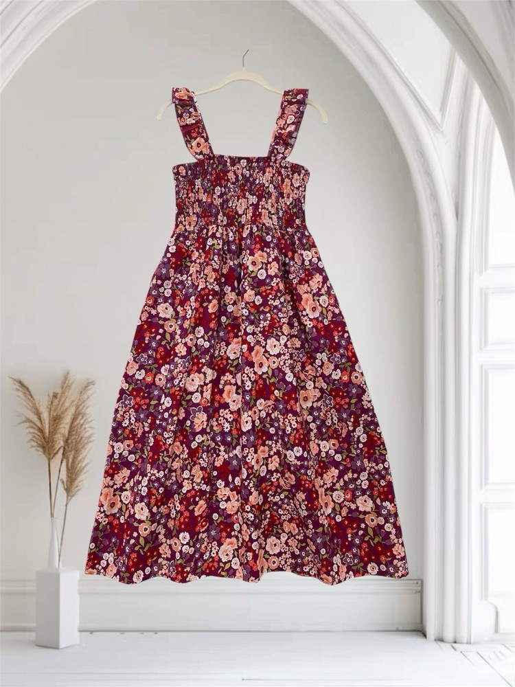Women’s Floral Smocked Midi Dress Size XS Feminine Girly Holiday Resort Chic