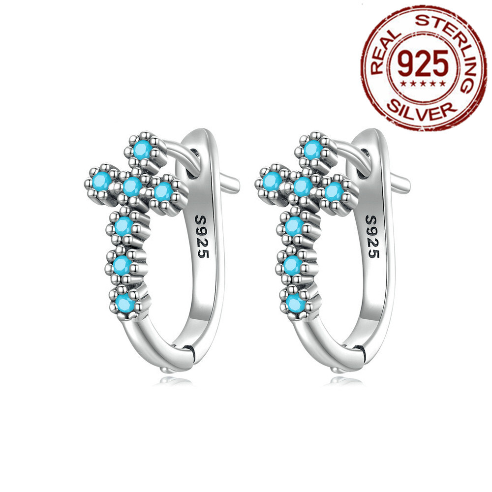 Women Sterling Silver Small Cross Huggie Hoop Earrings Blue Turquoise CZ Jewelry