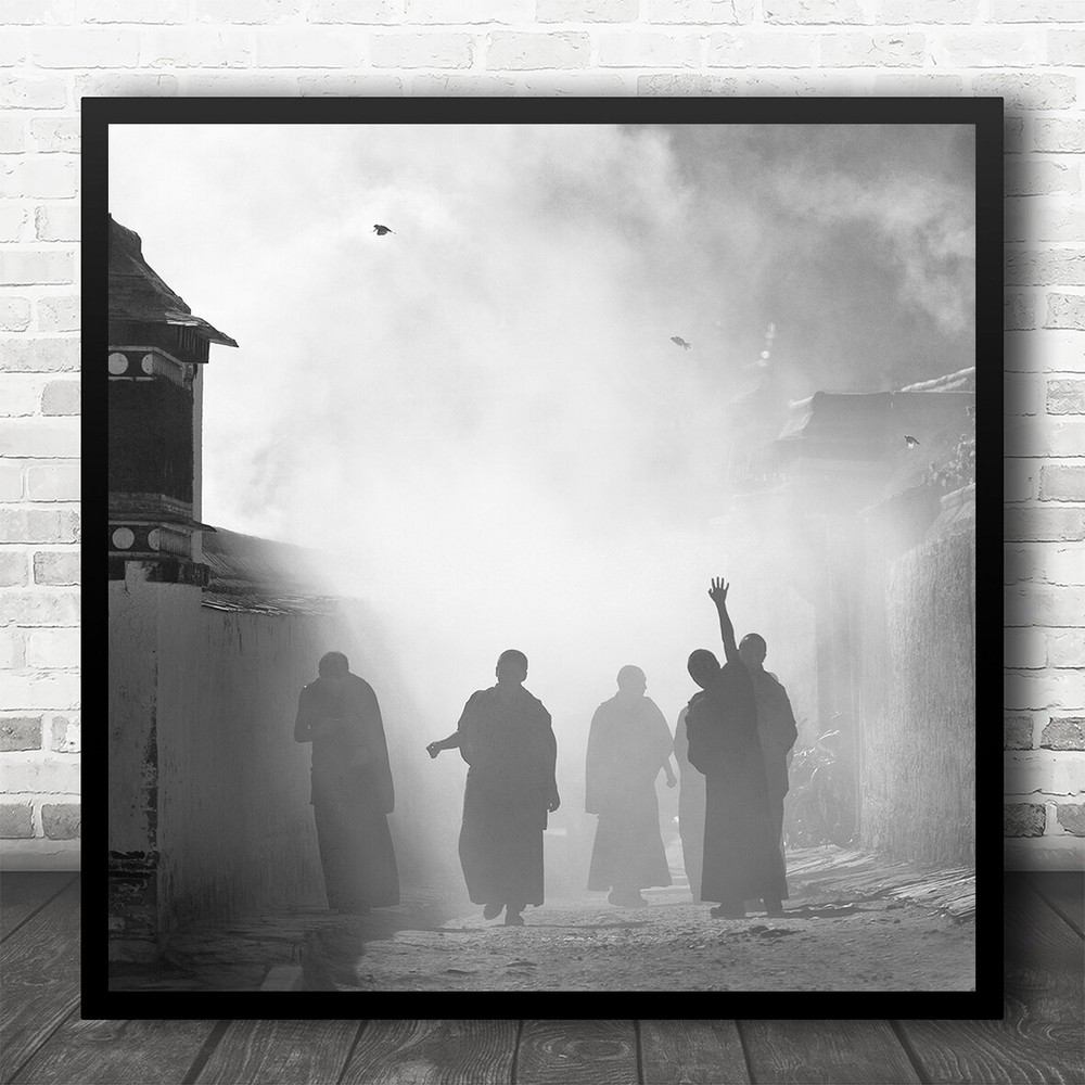 Mood Black White Shadow Silhouette Monks People Group Square Wall Art Print
