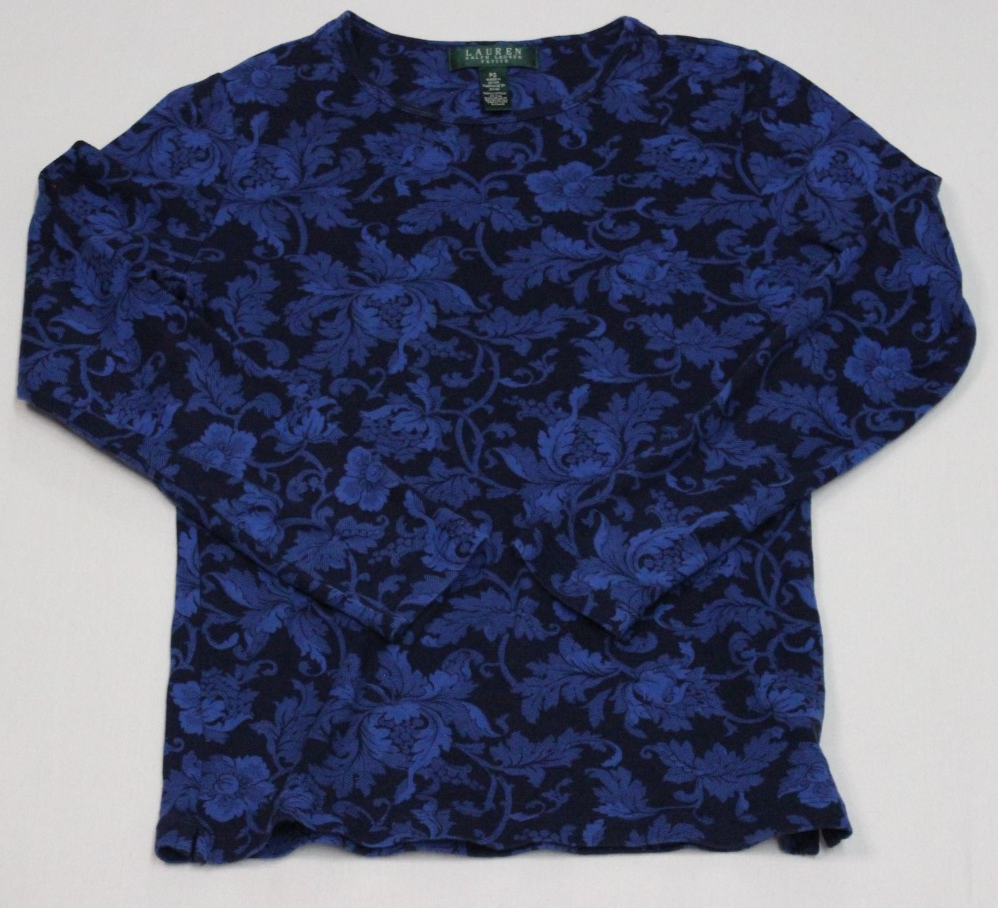 VTG Lauren Ralph Lauren Petite Women's Top Size PS Blue Floral Print Long Sleeve