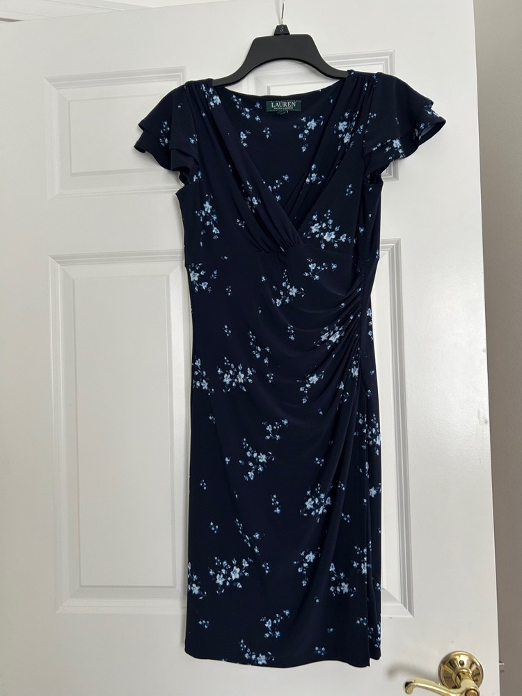 Ralph Lauren, Side Ruched Dress Size 2, blue floral pattern