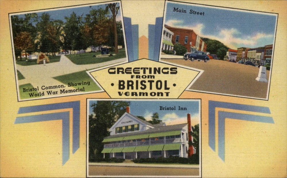 Greetings from Bristol Vermont multiview ~ 1940s linen postcard