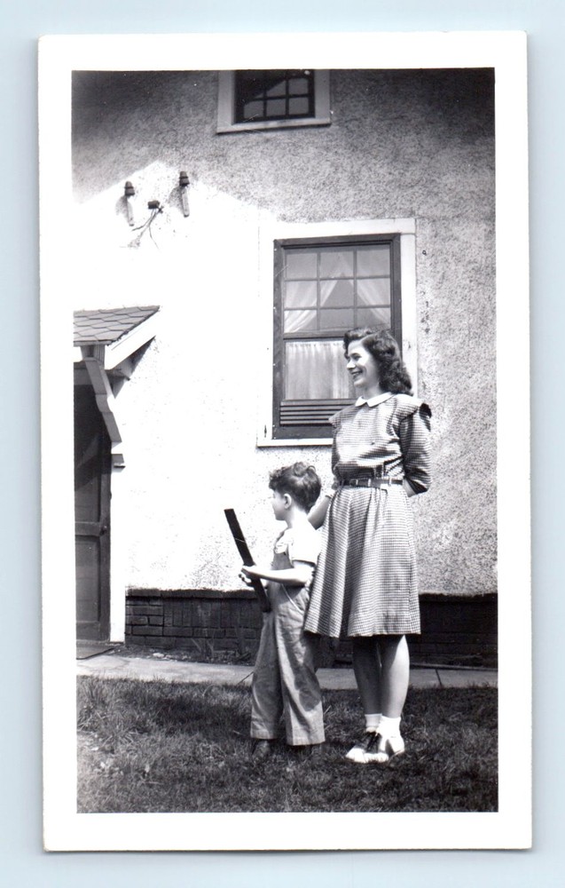 Old Vintage Photo WOMAN AND BOY OUTSIDE HOUSE FOUND PHOTOGRAPH SNAPSHOT