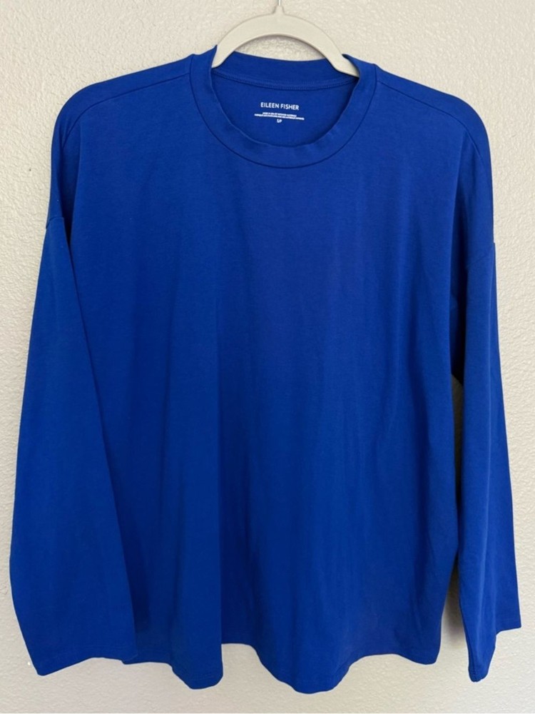 Eileen Fisher Royal Blue Organic Cotton Stretch Crewneck Top Boxy Small S