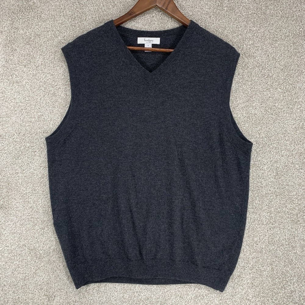 Turnbury Mens 100% Cashmere Sweater Vest Gray Large V-Neck Tennis Golf Grey