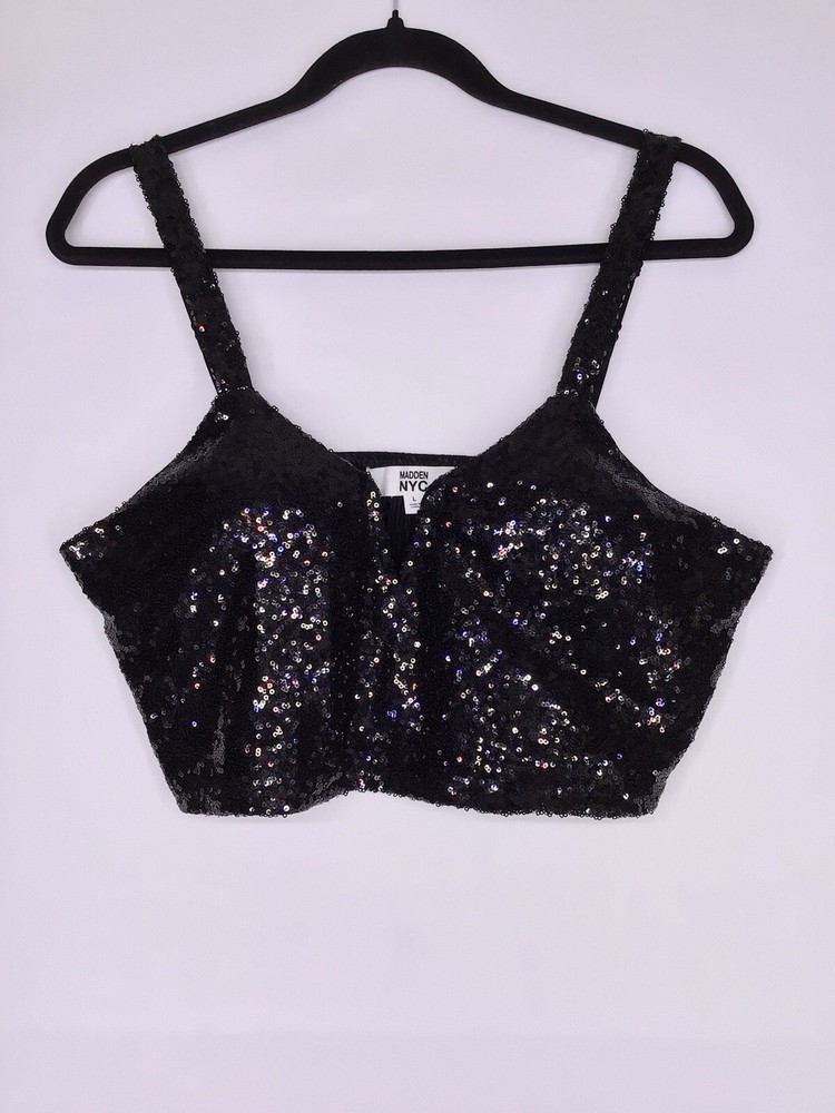 Madden NYC Black Sequin Sweetheart Neck Crop Top Women Size L
