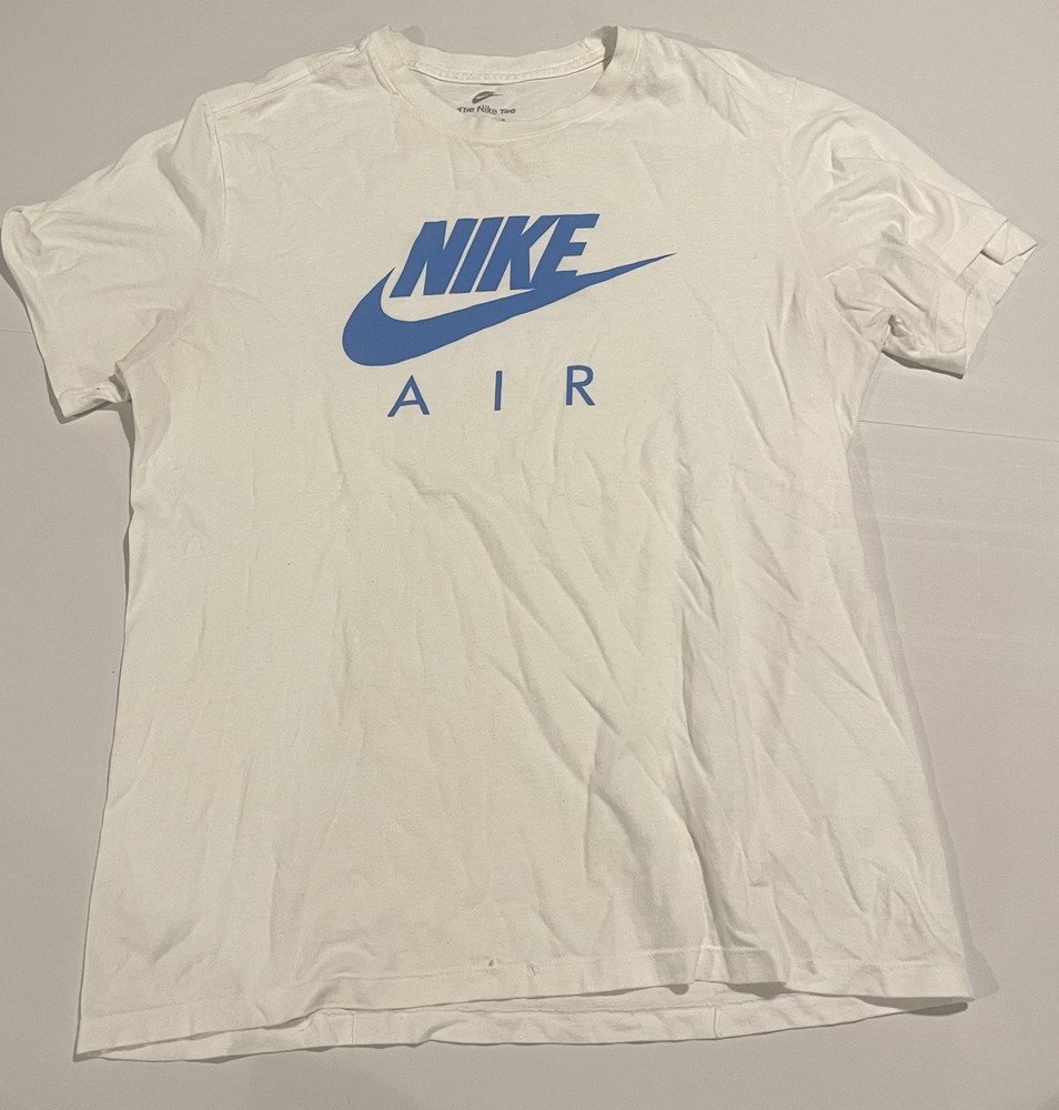 White Nike Air Mens Medium Cotton Graphic Tee Light Blue Swoosh