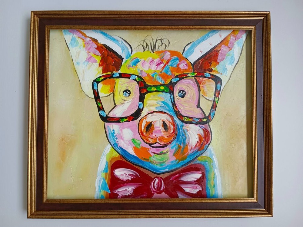 Framed Hand Painted Abstract Oil Painting A Pig with Glasses Wall Art Canvas Mod-image