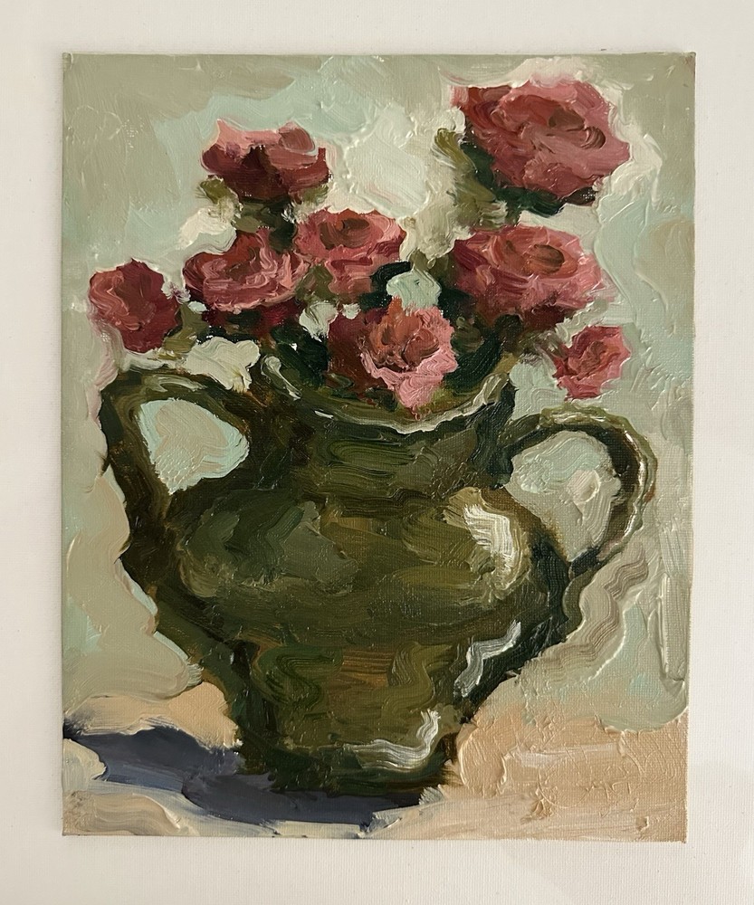 Pink Flowers Original Impressionist Oil Painting Still Life Art Roses Artwork
