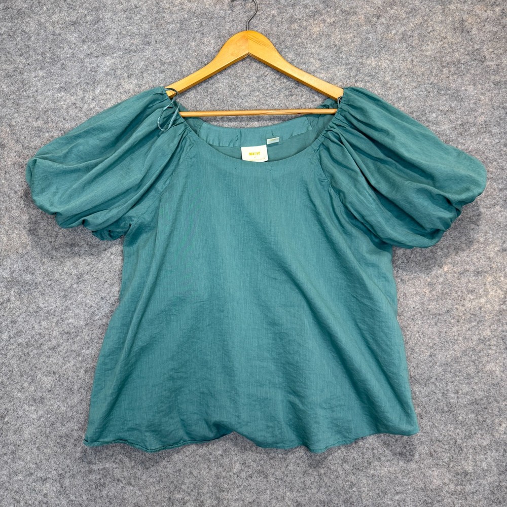 Maeve Anthropologie Blouse Womens XL Puff Sleeve Teal Green Top Crinkle Relaxed