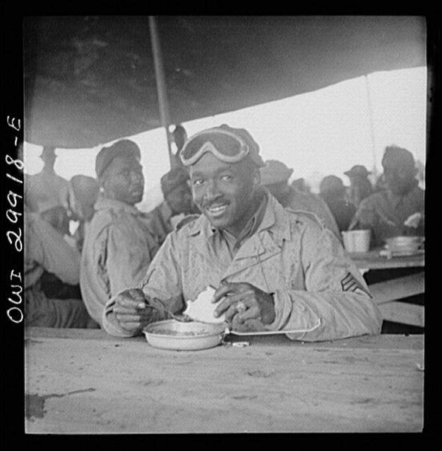 Photo:African American Soldier Eating at Mess Hall 1940s WWII