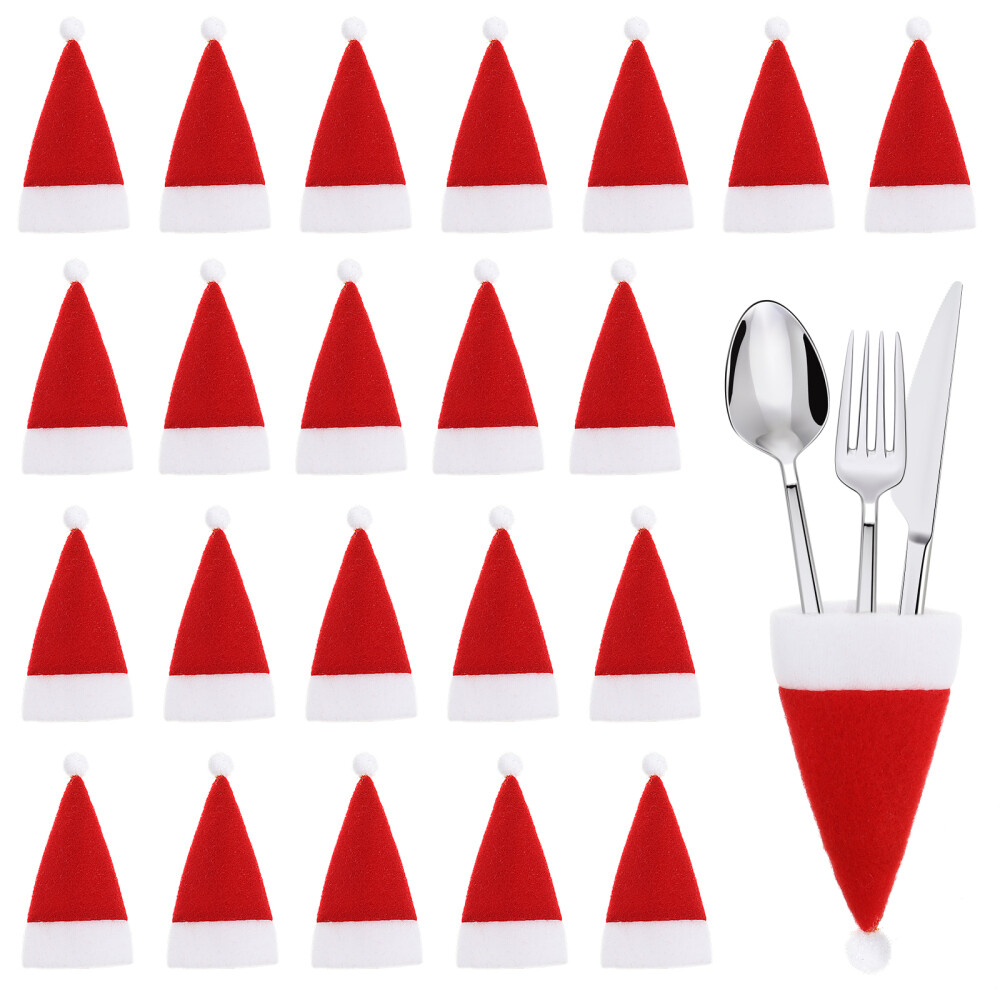 30PCS Mini Xmas Hats Santa Hats for Dolls Wine Bottle Hats Silverware Holders