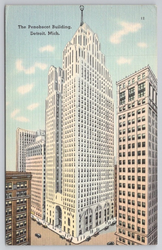 Penobscot Building Detroit Michigan Linen Postcard Tichnor Bros 1940s Posted