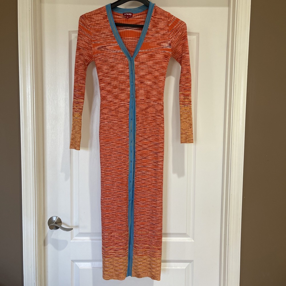 Staud Striped Midi Length Dress Orange/Yellow Ombre Space Dye Ribbed Knit Sz M