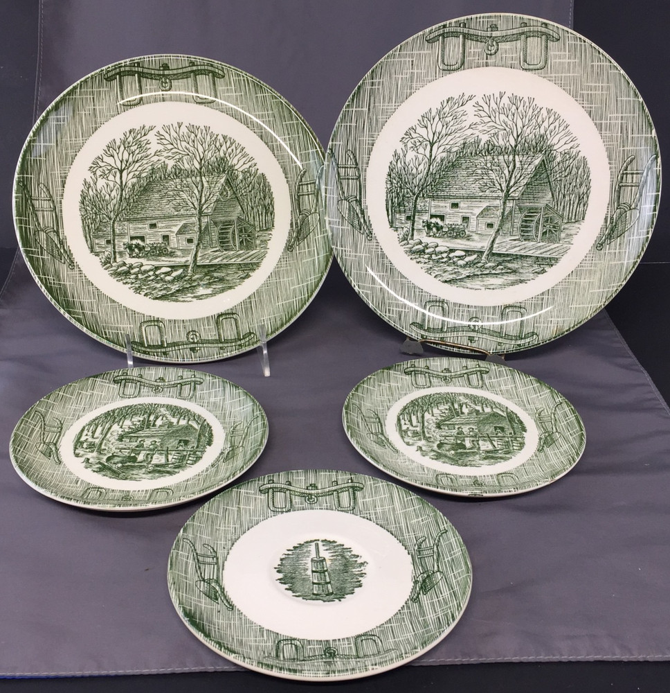 VTG 5 Pc Set of Currier & Ives Scio Pottery Green Transferware Plow & Harness