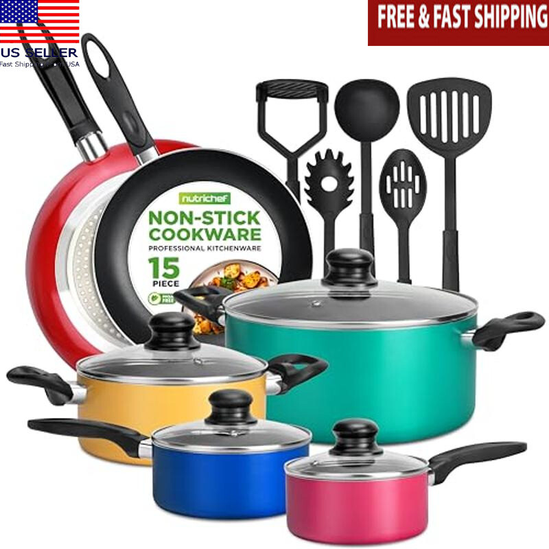 15-Piece Nonstick Colorful Cookware Set Heat Resistant & Dishwasher Safe