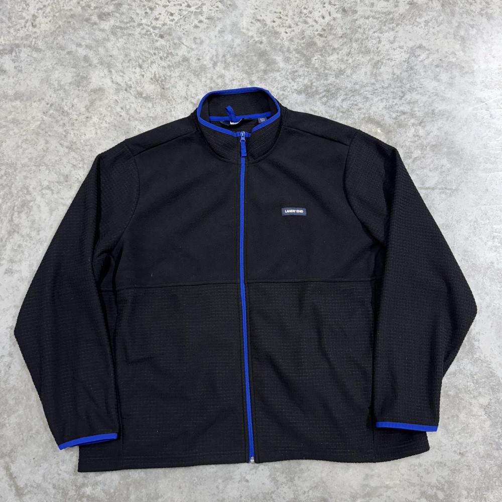 Lands End Jacket Mens 2XL Black Fleece Full Zip Windbreaker Blue Trim Outdoor