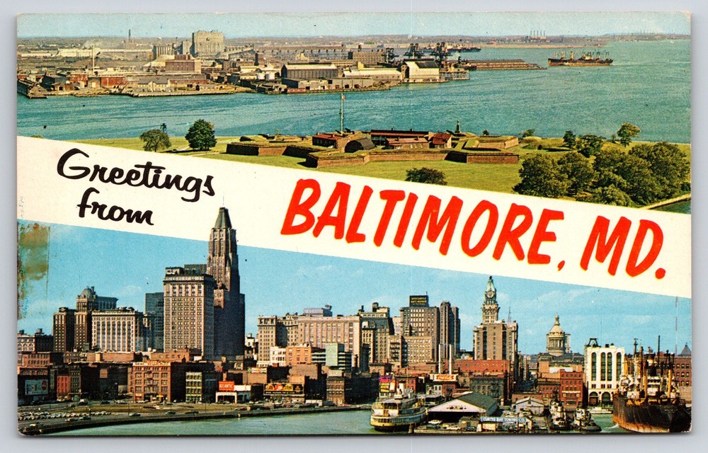Banner~Greetings From Baltimore Maryland~Fort McHenry~Harbor~Skyline~1950s PC