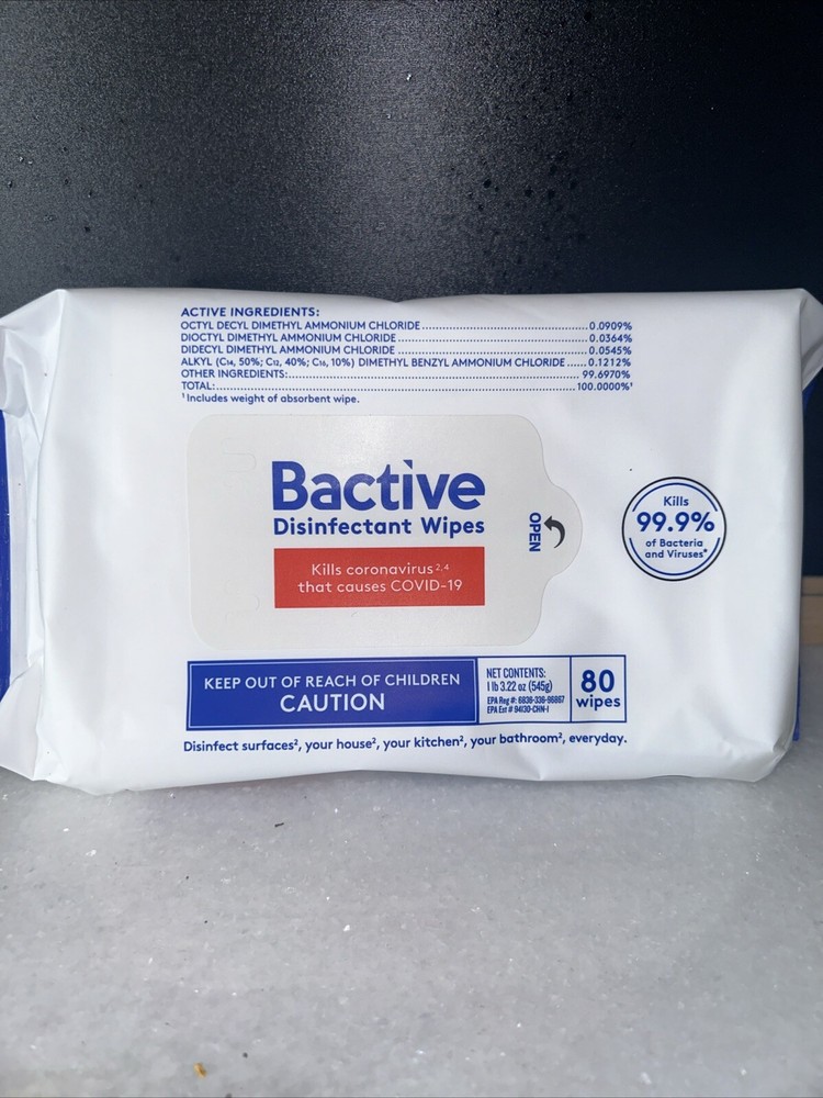 Bactive Disinfectant Wipes Kills 99.9% Bacteria Viruses 4 Pack of 80 WIPES 12/22