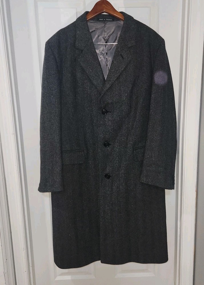 Ashford & Reede Men's Gray Herringbone 100% Wool Overcoat Topcoat Sz 44R