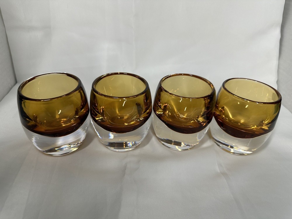 Set Of 4 Crate & Barrel Amber  Clear Glass Candle Holder  Autumn Fall 3.5”