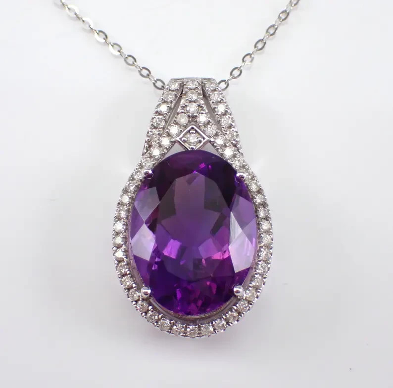 3Ct Oval Lab-Created Amethyst Halo Pendant in 14K White Gold Plated for Women