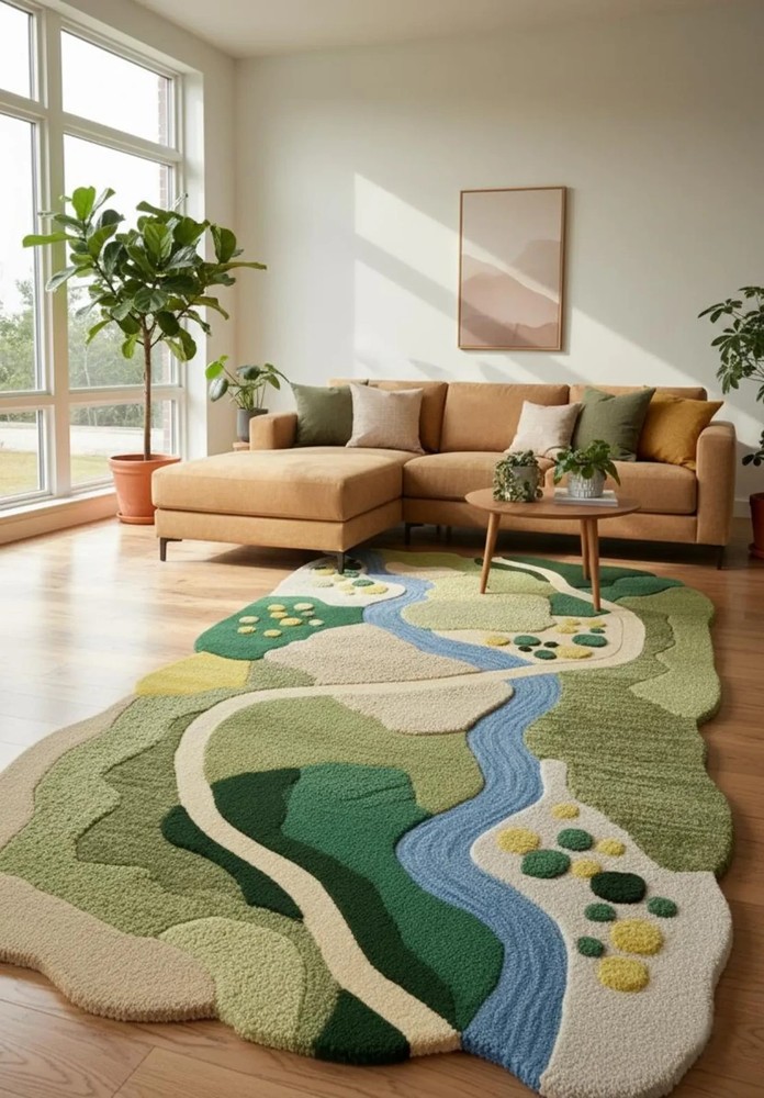 Abstract Landscape Wool Rug – Hand Tufted Modern Nursery Rug for Kids Room