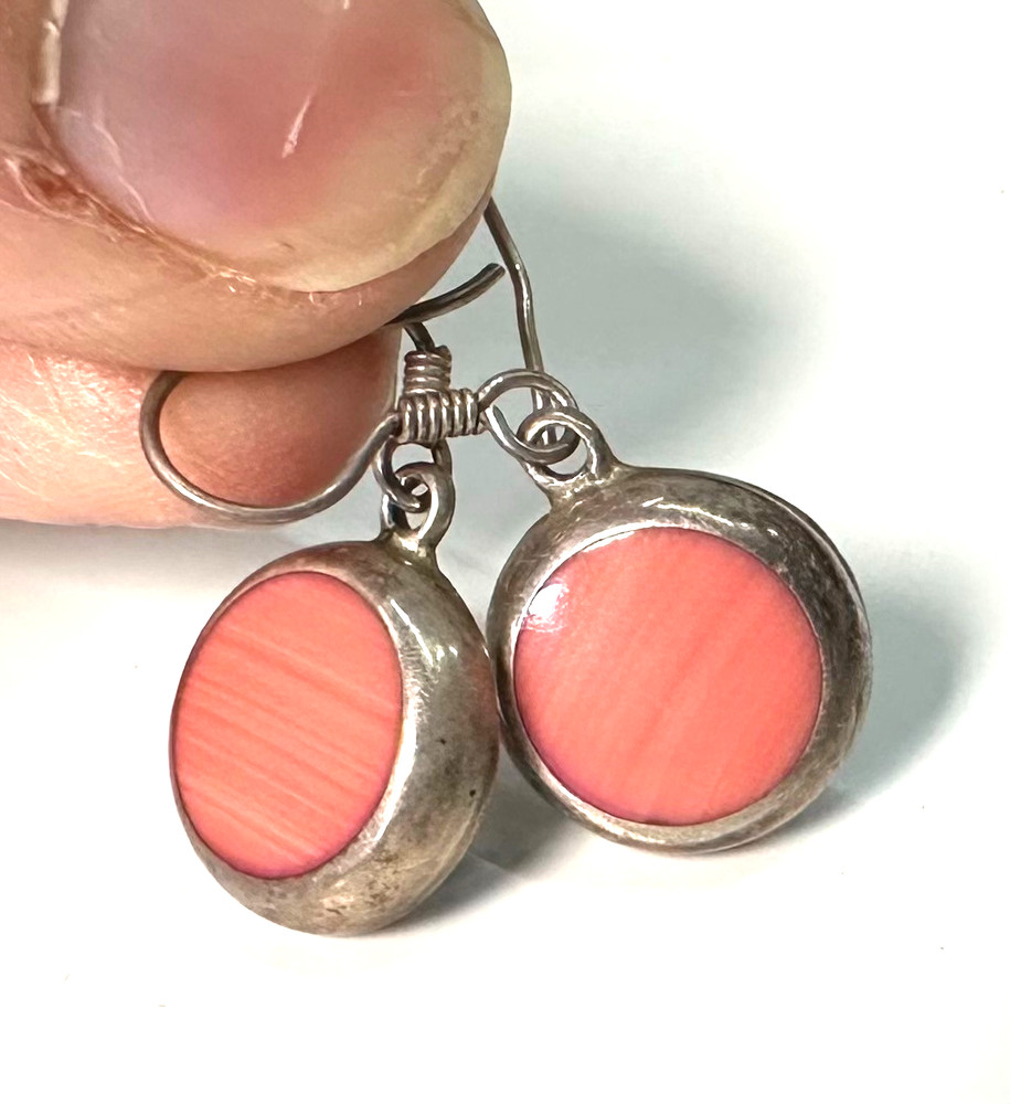 Vintage Pink Inlay Earrings MARKED 925 Sterling Silver Jewelry Lot I