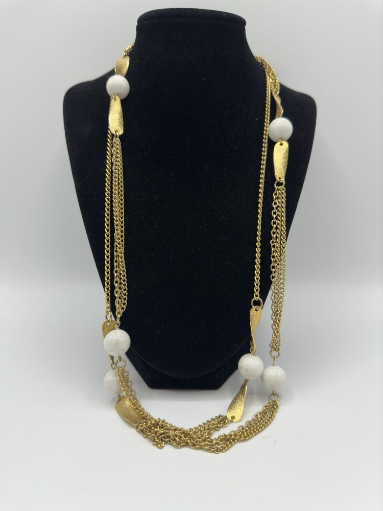 Vintage Gold Tone And White Plastic Beaded Station Necklace 60”