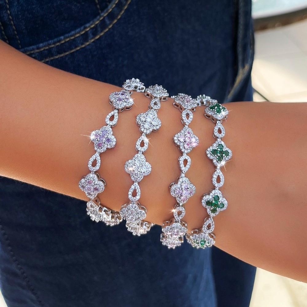 Dainty Flower Cubic Zirconia Tennis Bracelet Women Silver Plated Wedding Jewelry